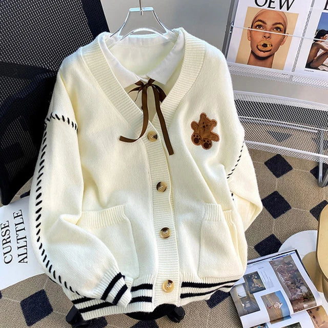 Dam Cardigan Kontrastdetaljer Akryl Mörk Marin-3