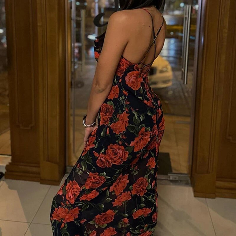 Dam Blomklänning Spaghettiremmar Polyester Kroppsnära Silhuett-5