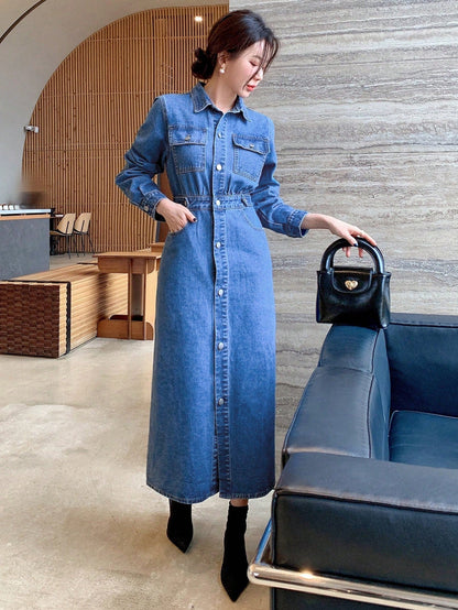 Dam Jeansklänning Långärmad Knappfront i Bomull-5