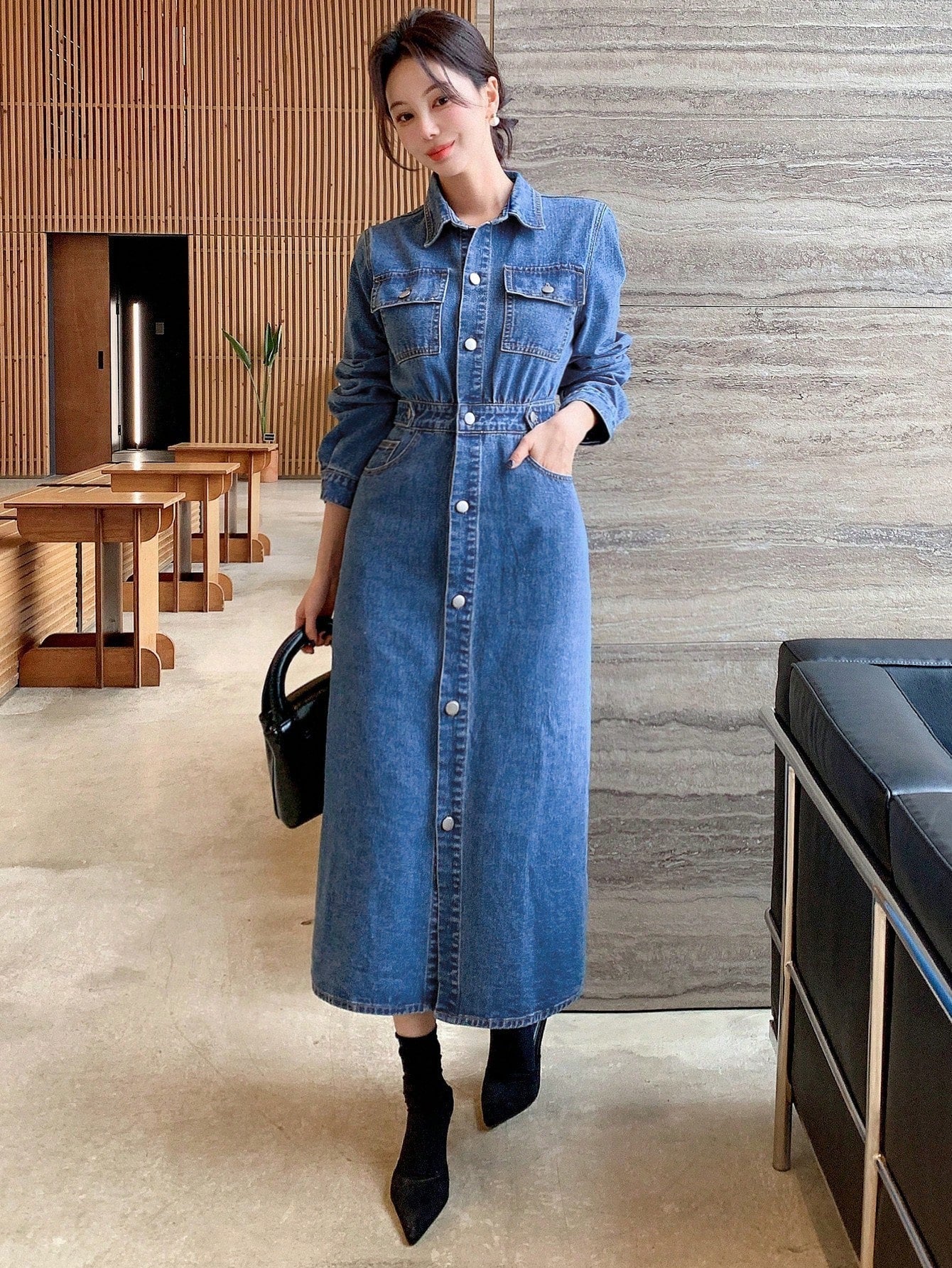 Dam Jeansklänning Långärmad Knappfront i Bomull-6