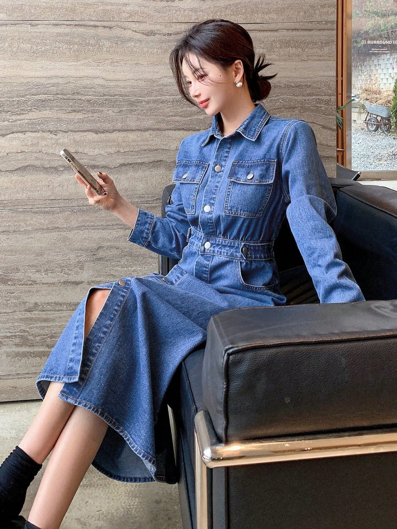 Dam Jeansklänning Långärmad Knappfront i Bomull-3