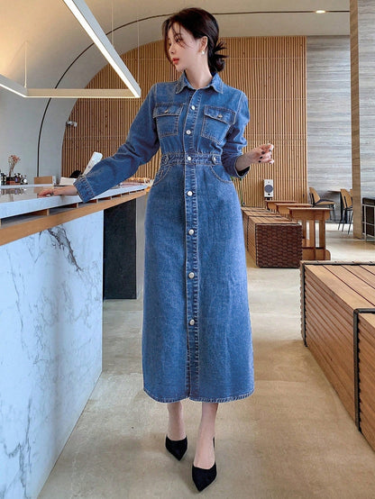 Dam Jeansklänning Långärmad Knappfront i Bomull-4