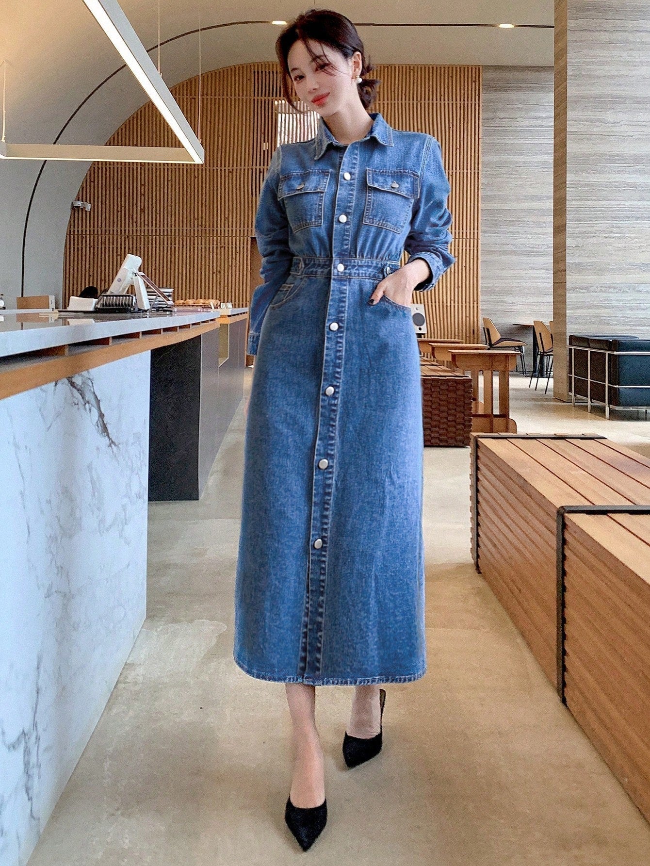 Variant image for Dam Jeansklänning Långärmad Knappfront i Bomull-1