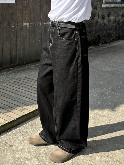 Mäns Sommarjeans Långt Snitt Svart Denim-2