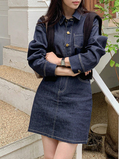 Dam Denimklänning med Knappar och Puffärmar i Bomull-3