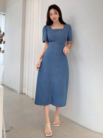 Kvinnors Kortärmad Klänning med Slits Puffärmar Denim 1