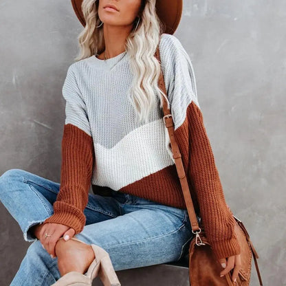 Dam Stickad Färgblocktröja Cirkulär Halsringning Mjuk Avslappnad Passform-2