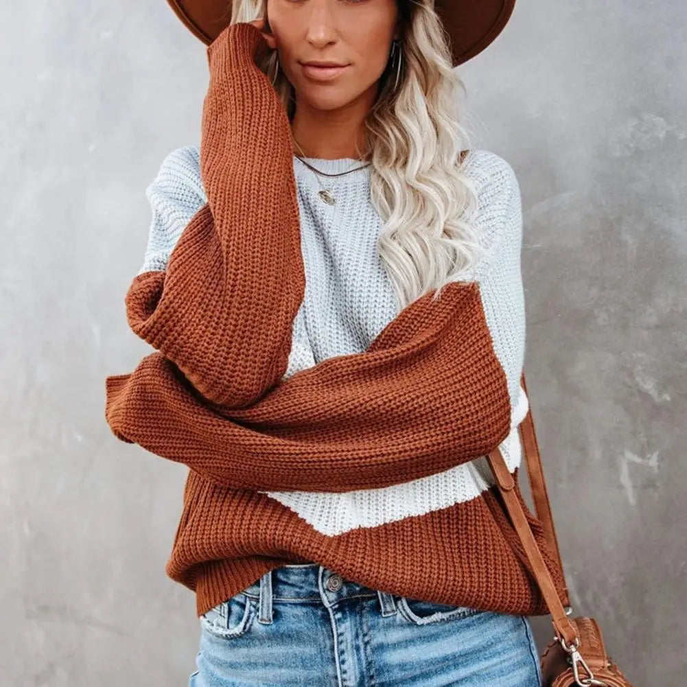 Variant image for Dam Stickad Färgblocktröja Cirkulär Halsringning Mjuk Avslappnad Passform-1