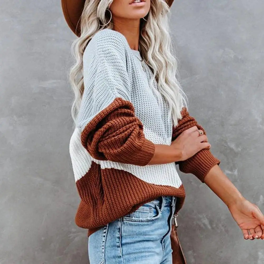 Dam Stickad Färgblocktröja Cirkulär Halsringning Mjuk Avslappnad Passform-4