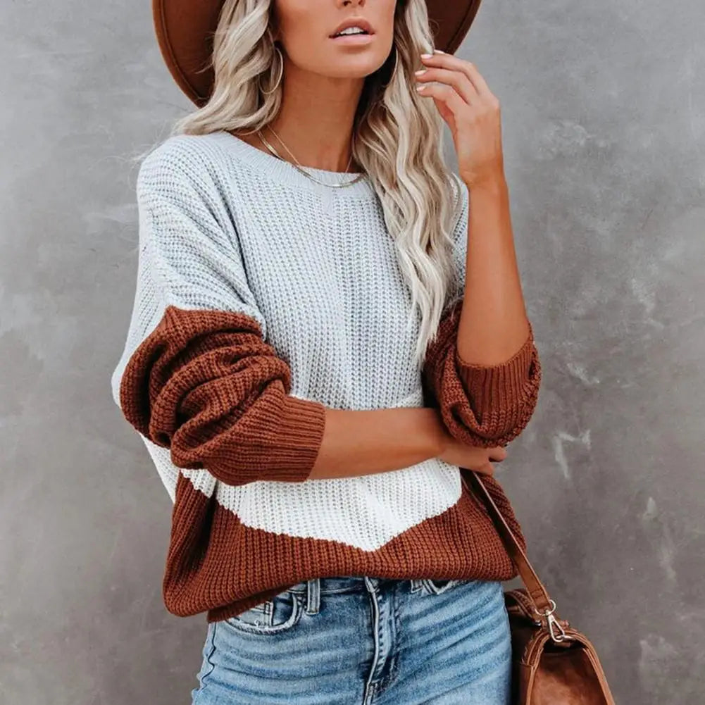 Dam Stickad Färgblocktröja Cirkulär Halsringning Mjuk Avslappnad Passform-3
