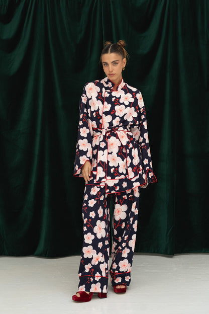 Herrskjorta Ståkrage Blommönster Polyester med Bälte-5