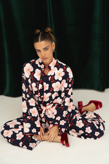 Herrskjorta Ståkrage Blommönster Polyester med Bälte-1