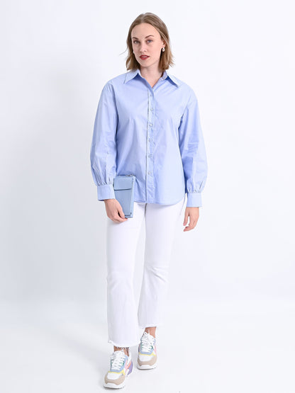 Dam Skjorta Långärmad Elegant Knapplist 100% Bomull-2