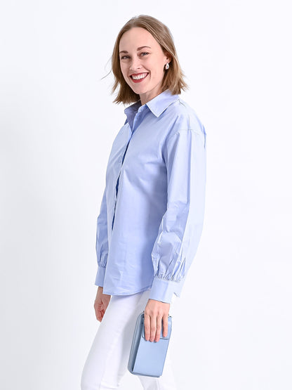 Dam Skjorta Långärmad Elegant Knapplist 100% Bomull-3