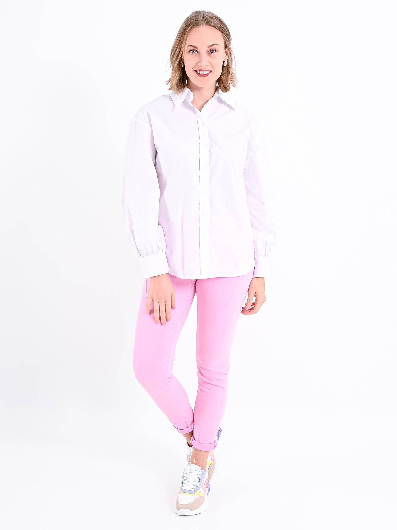 Vit Dam Blus Långärmad Med Knappband Mjuk Bomull-2