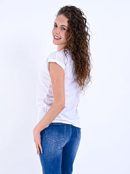 Dam T-shirt Rullärmad 100% Bomull Med Tryck-5
