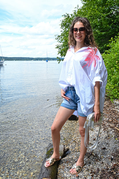 Dam Blus Bred Snitt med Palmbroderi 100% Bomull-4