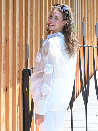 Dam Skjorta Klassisk Snitt med Rosapplikationer 100% Bomull-2