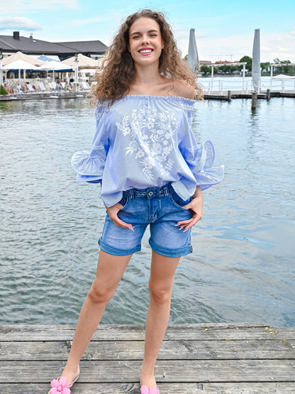 Dam Blus med Volang och Rosmönster i Polyester-3