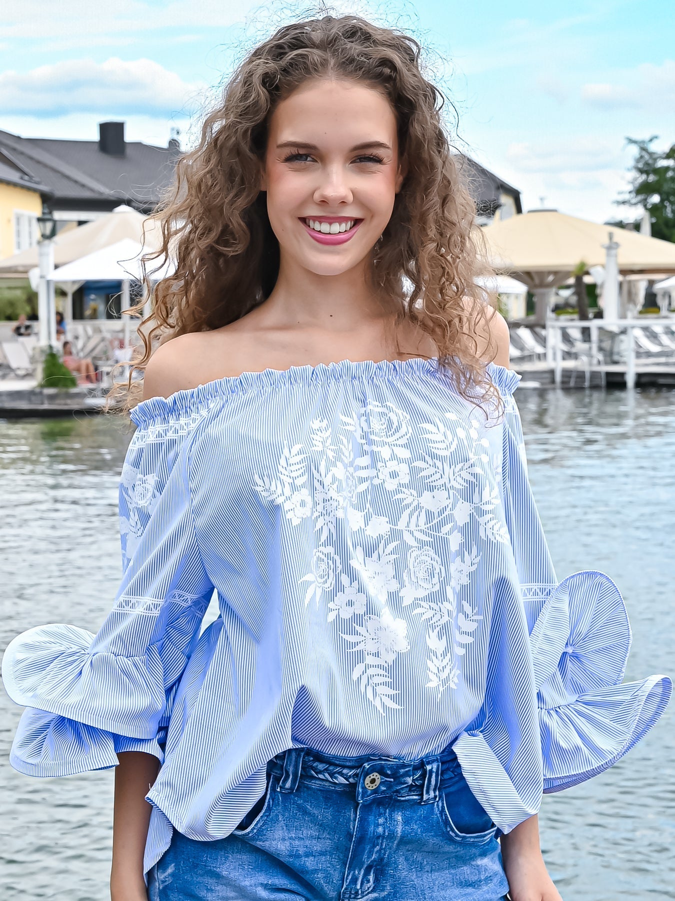 Dam Blus med Volang och Rosmönster i Polyester-2