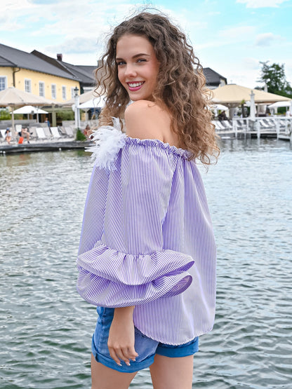Elegant Damblus med Volang och Lila Ränder – 100% Polyester, Elastisk Passform, Rundad Nederkant 1