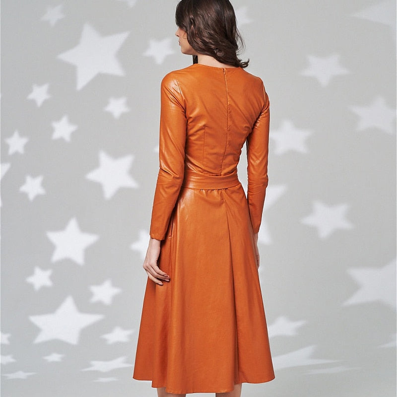 Damklänning Midi A-Linje PU Material Lång Ärmd O-Hals-3