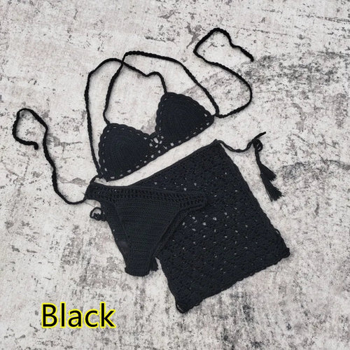 Dam 3-delad Bikini Geometrisk Design Virkat Material 0