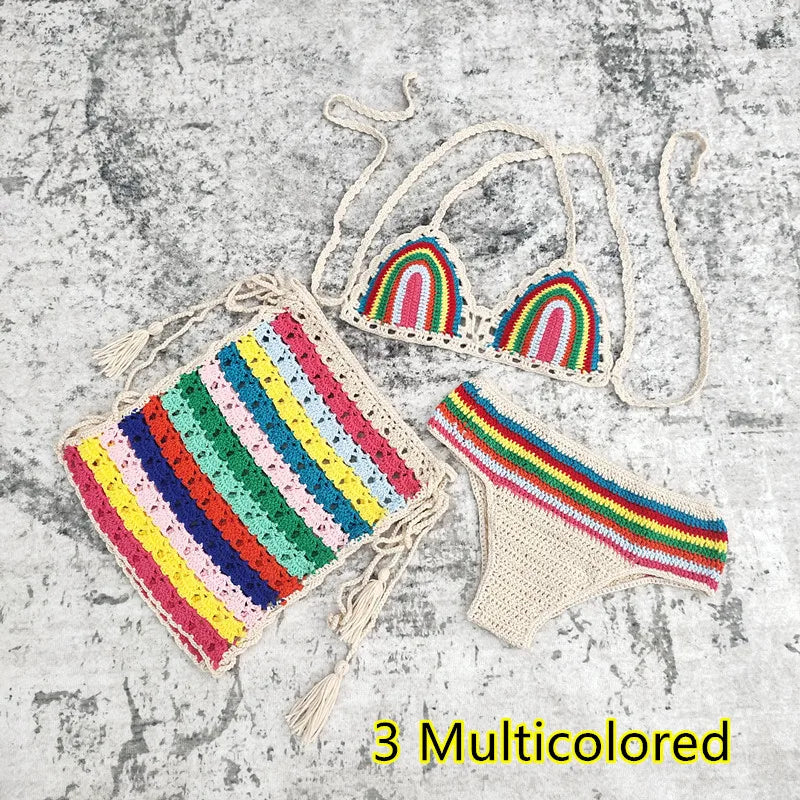 Dam 3-delad Bikini Geometrisk Design Virkat Material 7