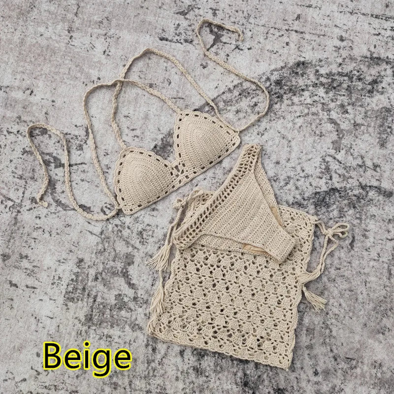 Dam 3-delad Bikini Geometrisk Design Virkat Material 9