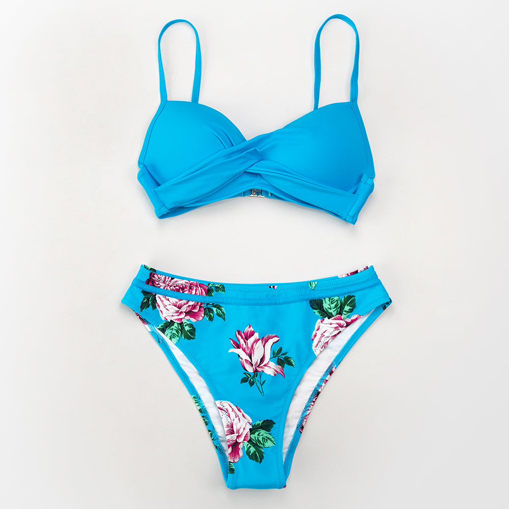 Dam Bikini Tvådelad Blommig och Randig Polyester Spandex 9