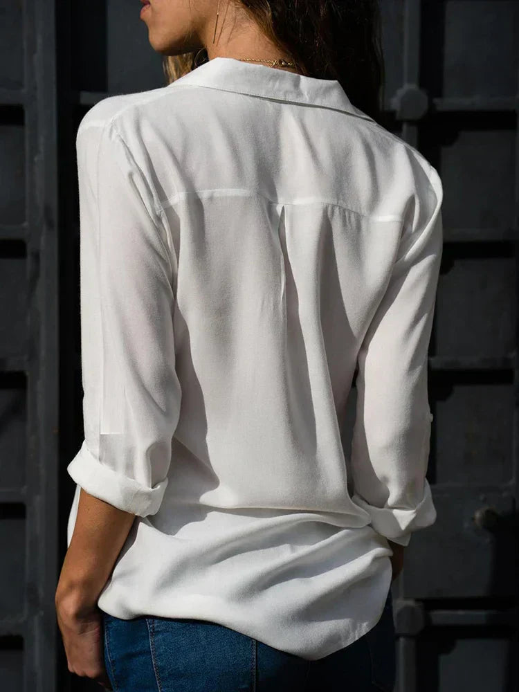 Dam Blus V-ringad Knappdesign Bomull 1