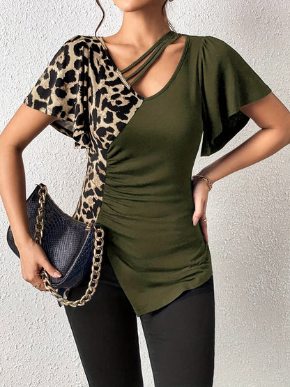 Dam Festtopp med Asymmetrisk Krage och Fjärilärmar i Leopardmönster, Polyester 7