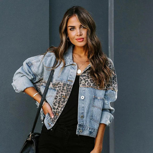 Dam Jeansjacka Leopardtryck Denim Klassisk 0