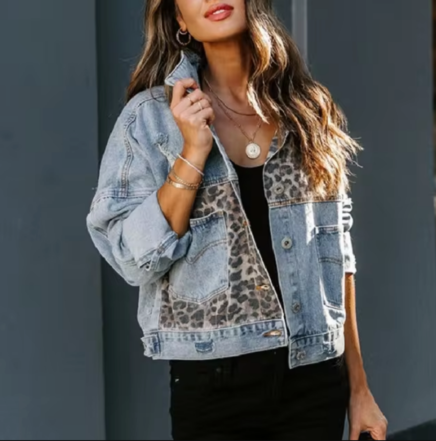 Dam Jeansjacka Leopardtryck Denim Klassisk 1