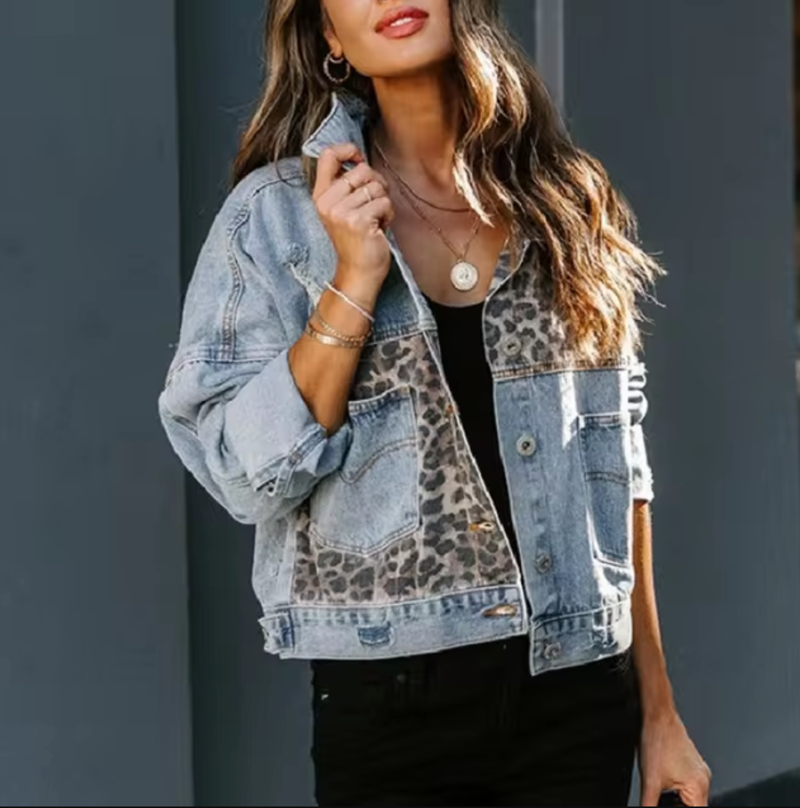 Dam Jeansjacka Leopardtryck Denim Klassisk 1