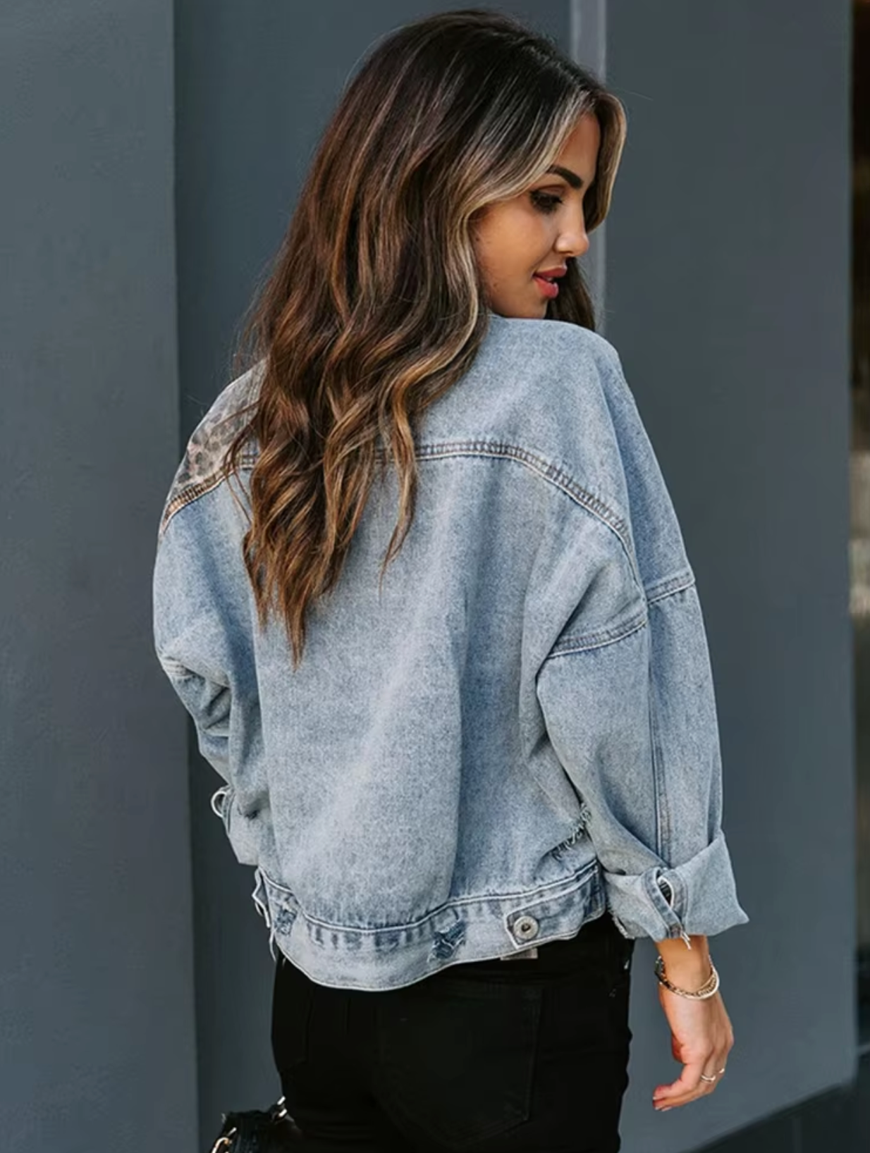 Dam Jeansjacka Leopardtryck Denim Klassisk 2