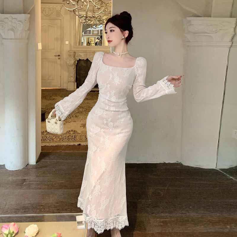 Dam Klänning Slim Fit Spetsdesign Långärmad Högkvalitativt Tyg 0