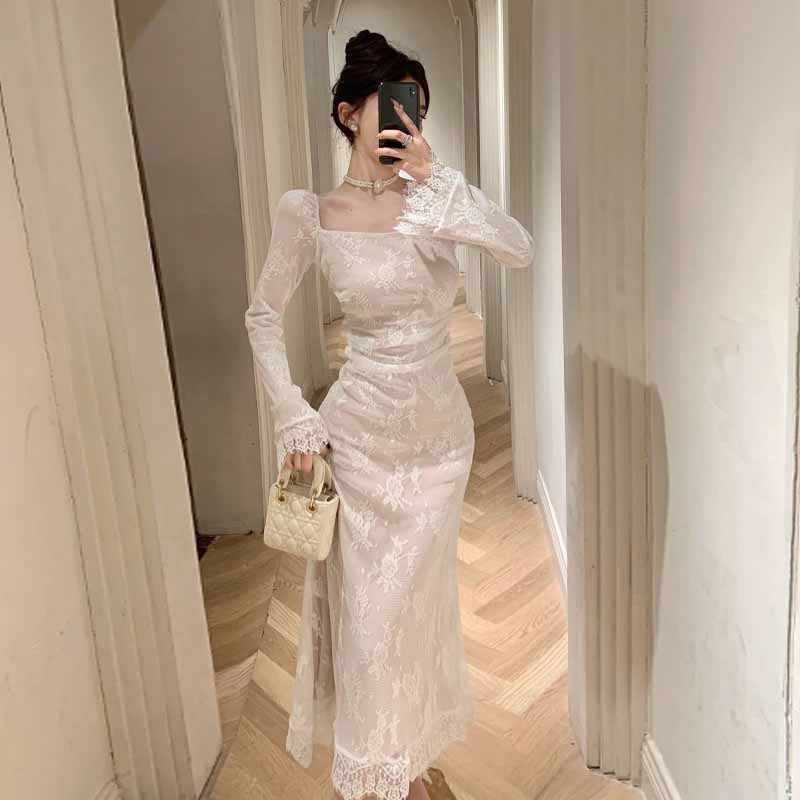 Dam Klänning Slim Fit Spetsdesign Långärmad Högkvalitativt Tyg 1