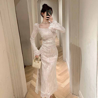 Dam Klänning Slim Fit Spetsdesign Långärmad Högkvalitativt Tyg 1