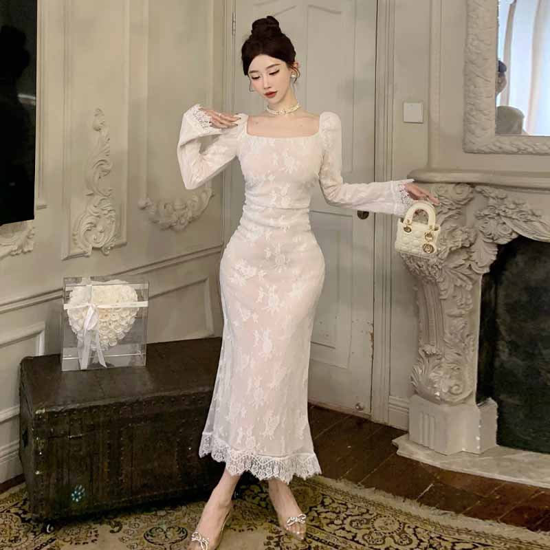 Dam Klänning Slim Fit Spetsdesign Långärmad Högkvalitativt Tyg 2