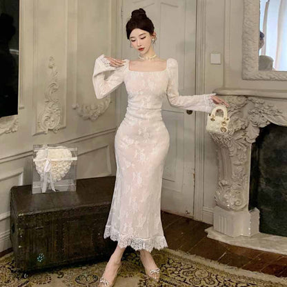 Dam Klänning Slim Fit Spetsdesign Långärmad Högkvalitativt Tyg 2