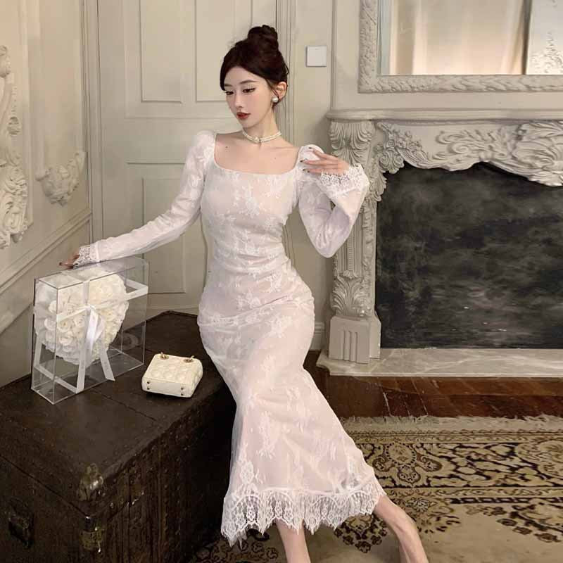 Dam Klänning Slim Fit Spetsdesign Långärmad Högkvalitativt Tyg 3