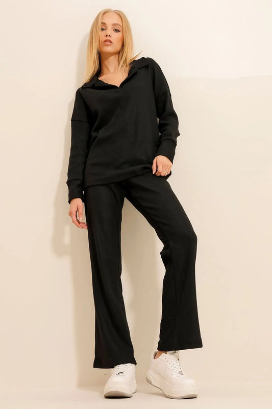 Dam Loungewear Set Våffeltyg Avslappnad Passform 0