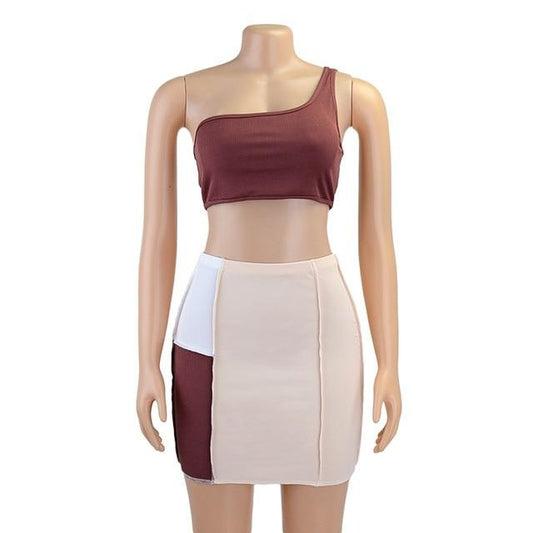 Dam Mini Kjol Patchwork Stil Elastisk Spandex Polyester Tank Top Set 0
