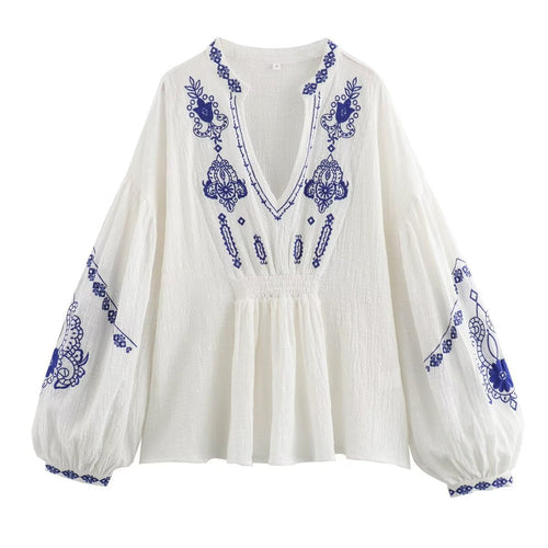 Dam Skjorta Långärmad V-Hals Blommönster Polyester 0