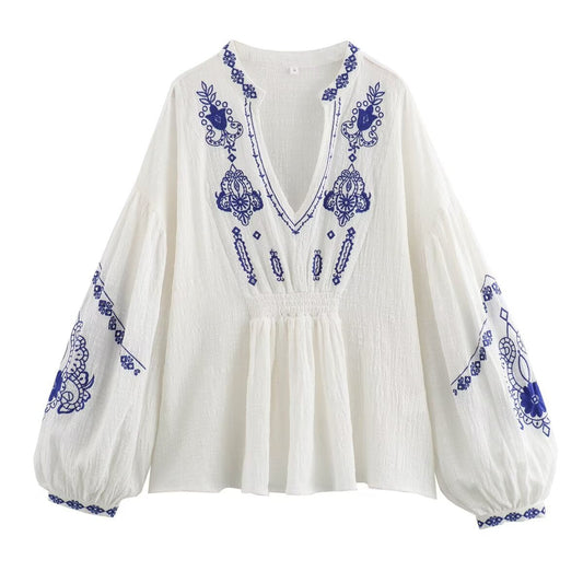 Dam Skjorta Långärmad V-Hals Blommönster Polyester 0