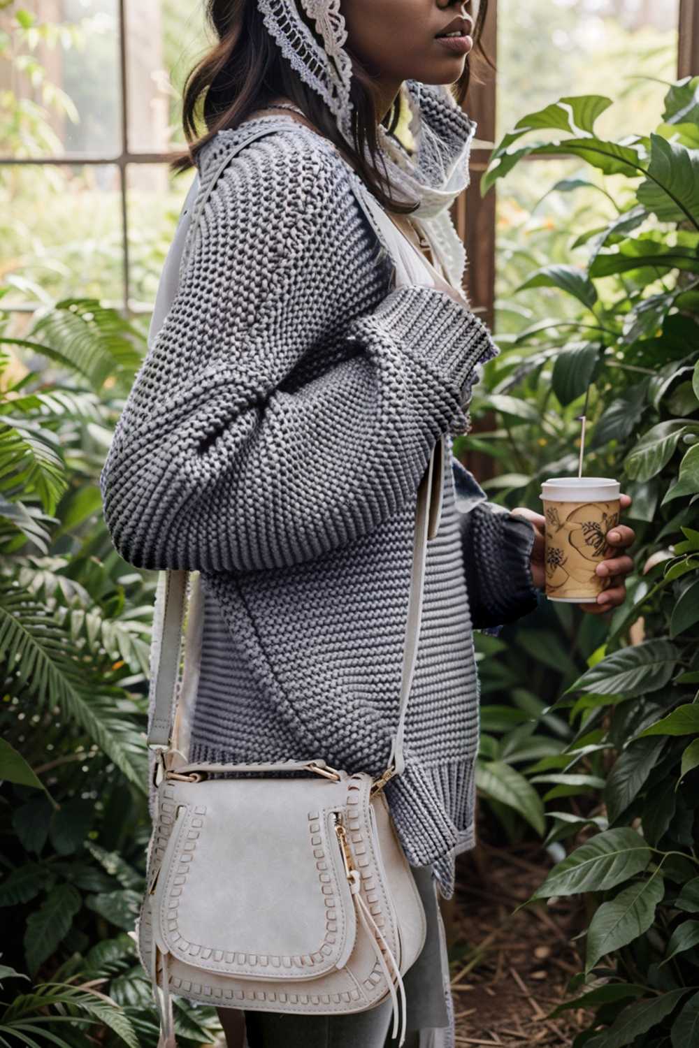 Dam Stickad Tröja Grovt Med Ståkrage och Långa Ärmar Akryl 0