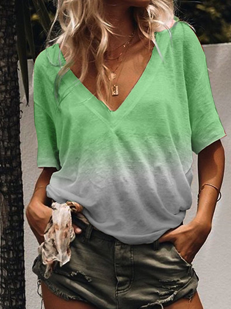 Dam T-shirt V-ringning Gradienttryck 100% Bomull Korta Ärmar 0