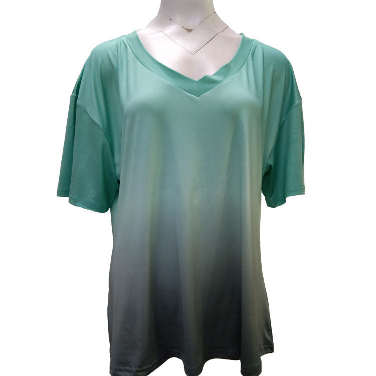 Dam T-shirt V-ringning Gradienttryck 100% Bomull Korta Ärmar 4