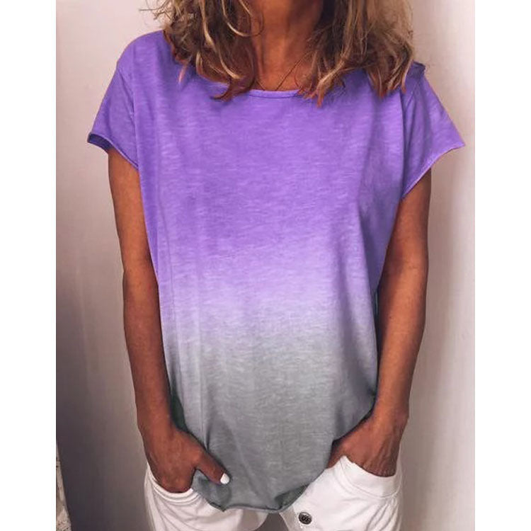 Dam T-shirt V-ringning Gradienttryck 100% Bomull Korta Ärmar 8